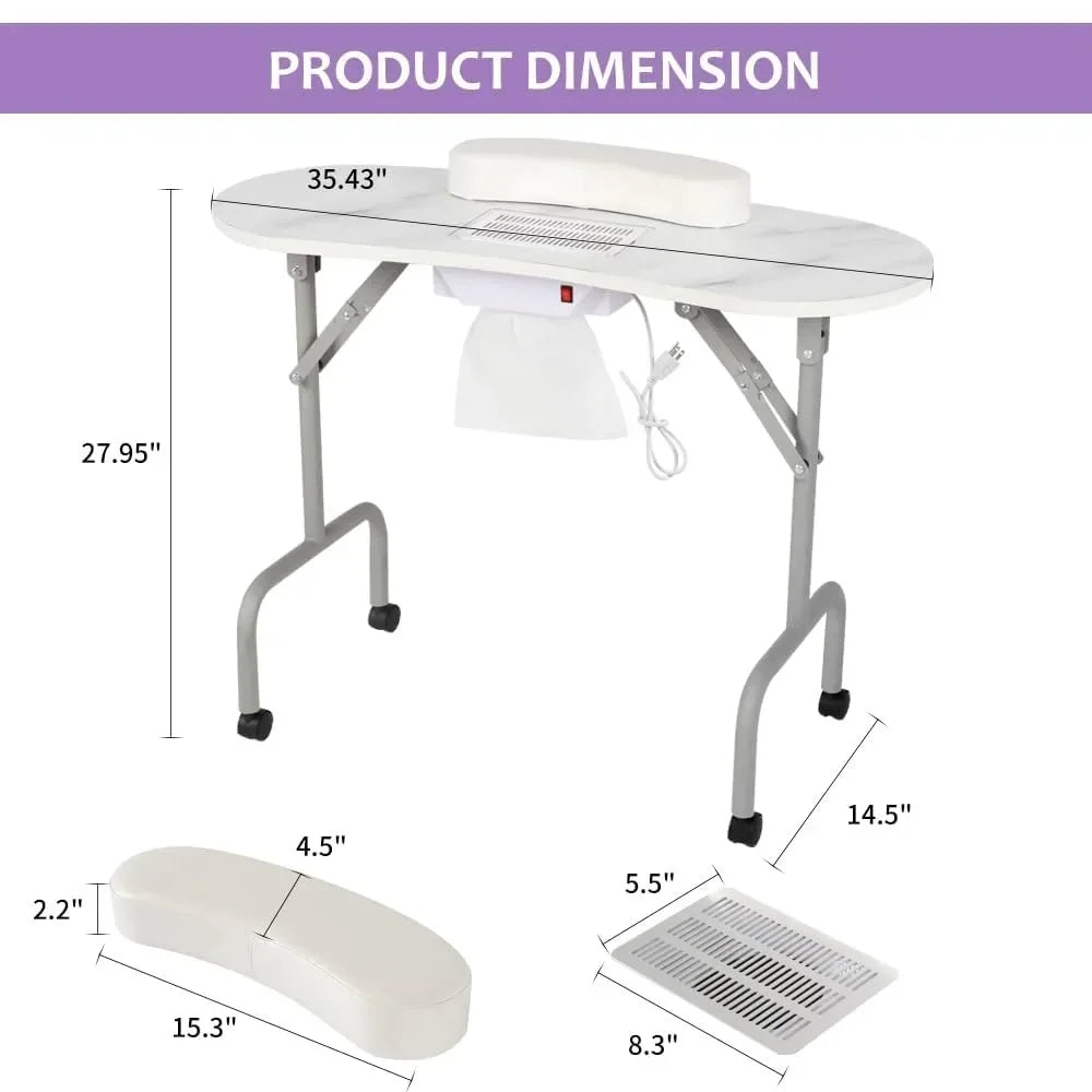 Portable Manicure Table Foldable Nail Desk with Charging Station Dust Collector Professional Nail Tech Table for Technician Spa