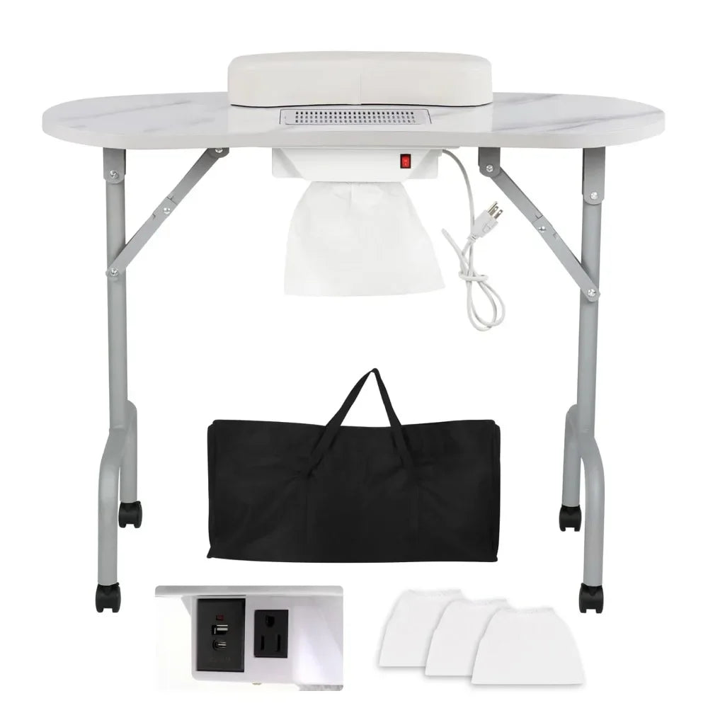 Portable Manicure Table Foldable Nail Desk with Charging Station Dust Collector Professional Nail Tech Table for Technician Spa