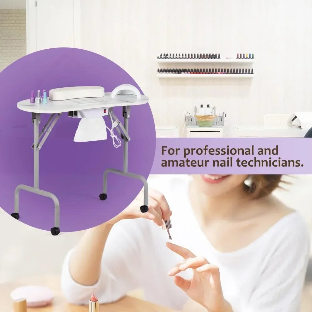 Portable Manicure Table Foldable Nail Desk with Charging Station Dust Collector Professional Nail Tech Table for Technician Spa